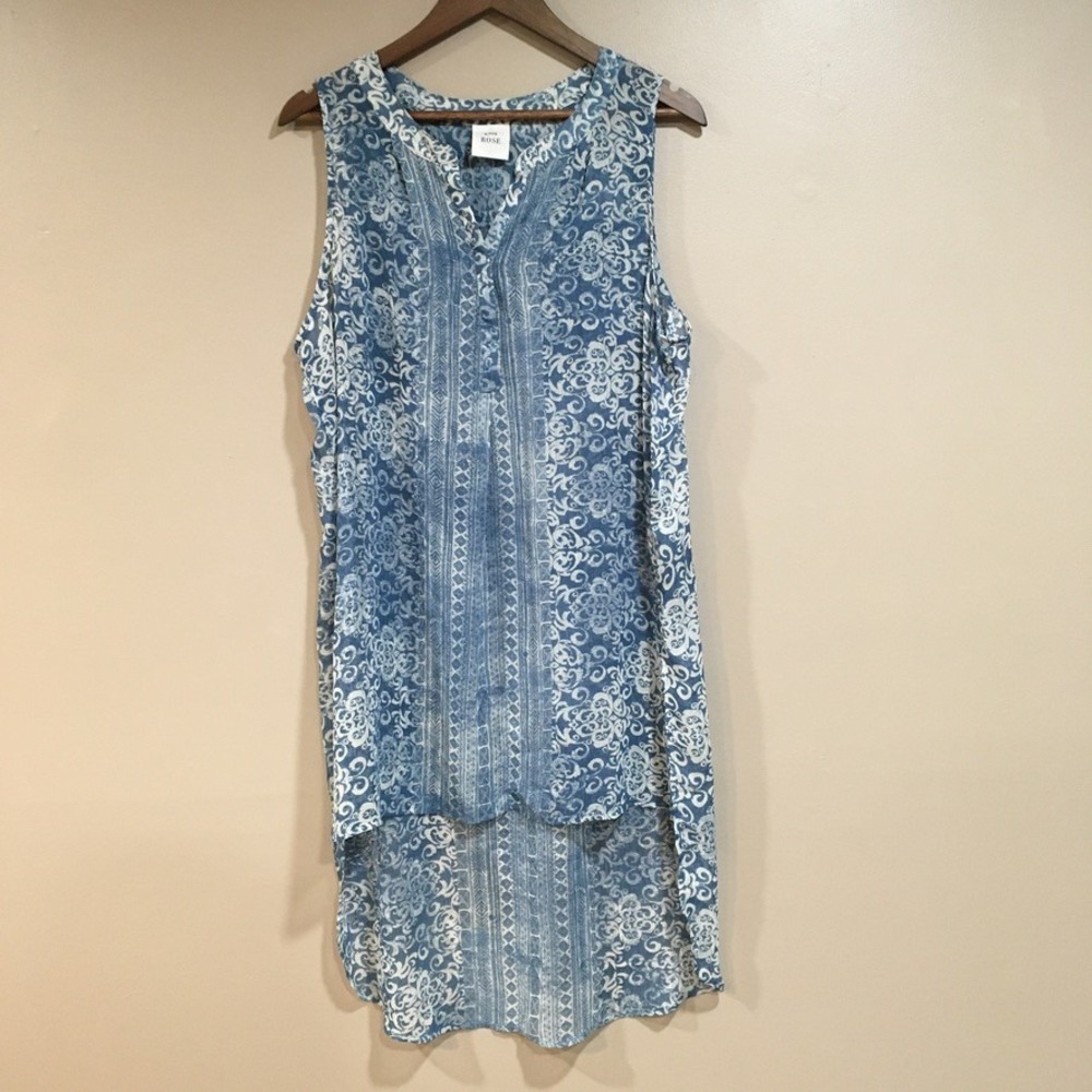 Knox Rose Sleeveless Sheer Tunic Dress Swim Coverup Women L Blue Boho Airy Beach